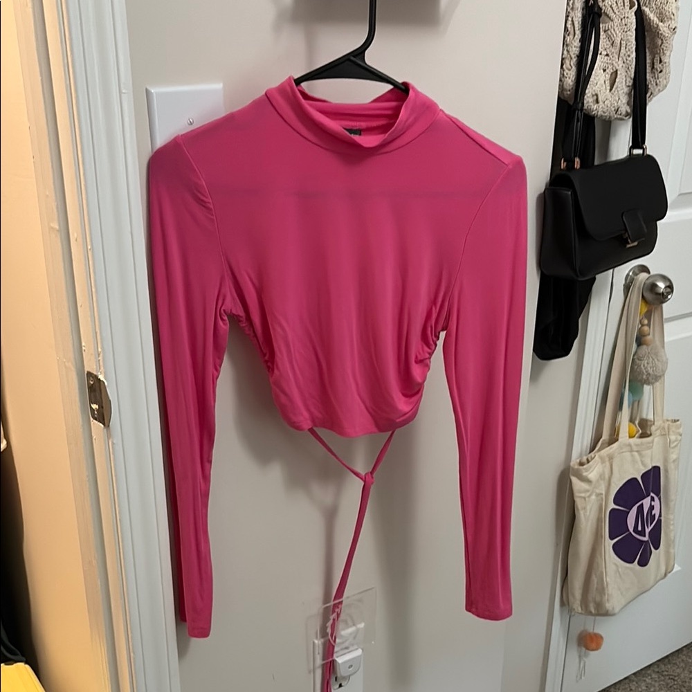 SHEIN Pink Long Sleeve Tie Front Crop Bodysuit